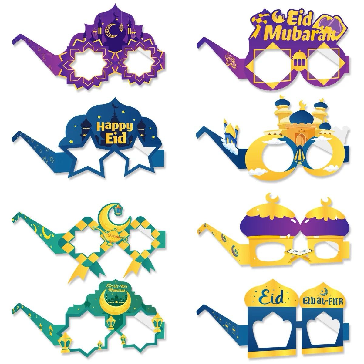 8pcs Happy Eid Mubarak Paper Eyewear Glasses