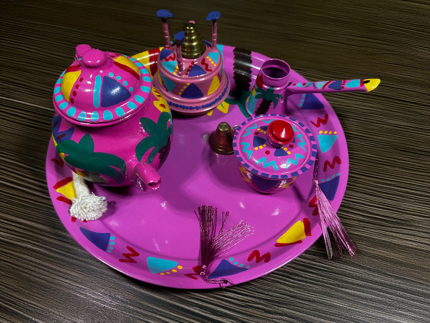 Vibrant Pink Hand-Painted Tea Set with Incense Burne